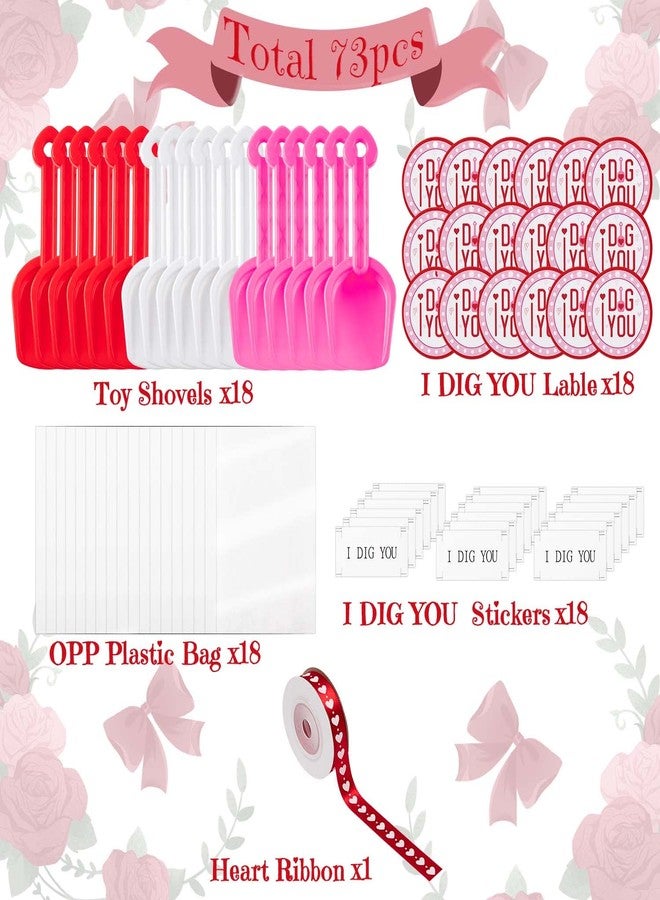 Haooryx Valentine's Day Shovels Toy Gift Set - Plastic Shovel Toy White Red Pink Mini Sand Scoop Shovel Toys Valentines Party Gift 18Set Shovels I Dig You Stickers Labels Clear Bags and 1 Heart Ribbon - Image 2